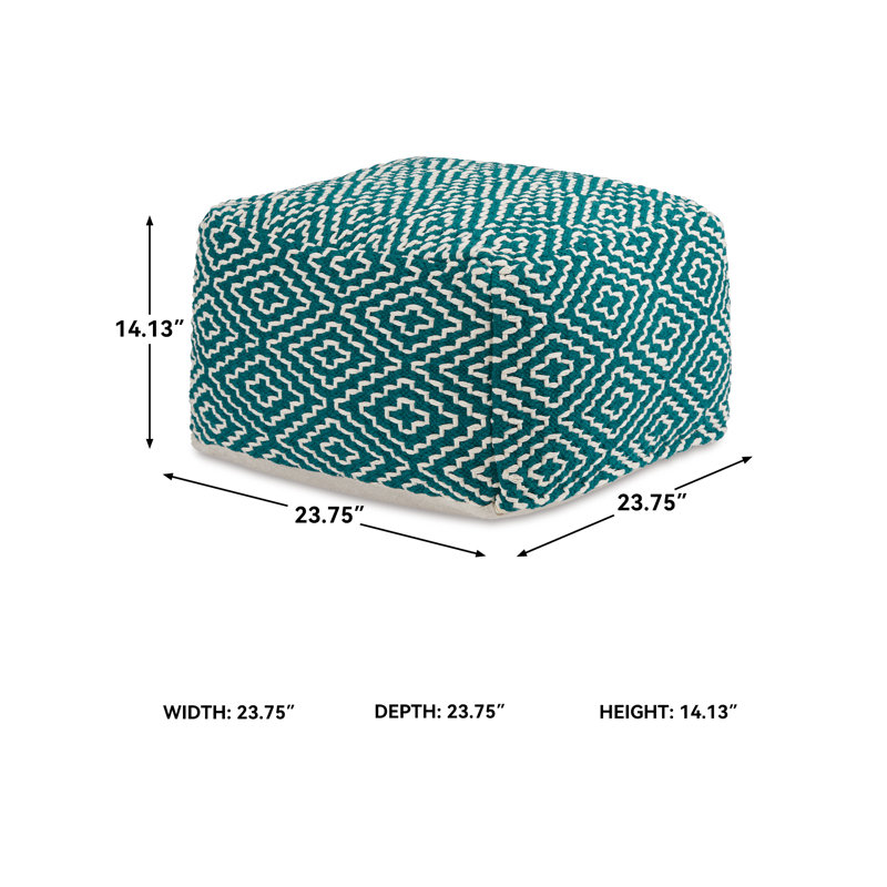 Devasheeh Upholstered Pouf, Teal/Ivory Cotton