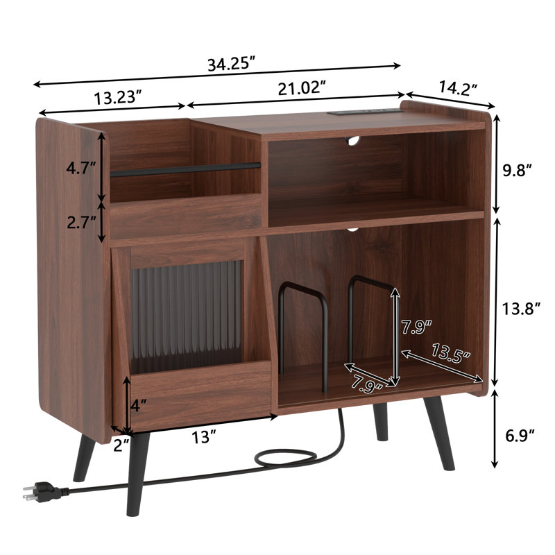 Large Record Player Stand, 350 Vinyl Record Storage Holder with Power Outlet and LED Light