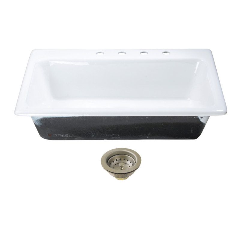 Kingston Brass Towne 33-Inch Cast Iron Self-Rimming Single Bowl Drop-In Kitchen Sink With 4-Hole Drain And Strainer
