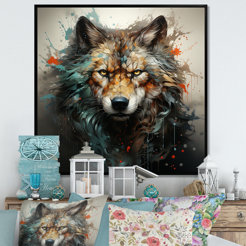 Portrait de loup solitude I - loup, art mural, H 16 po x l 16 po x P 1 po, Cadre flottant noir