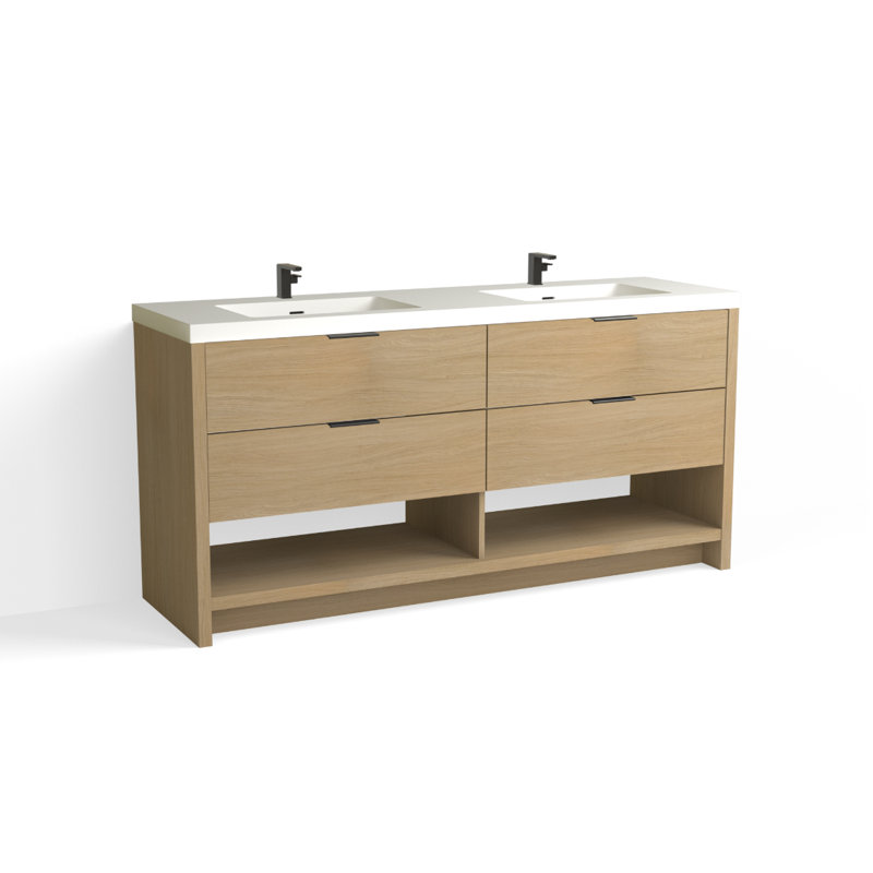 Vue 72" W Freestanding Double Bathroom Vanity, Biondo, Polished Nickel, Matte White/8" Widespread