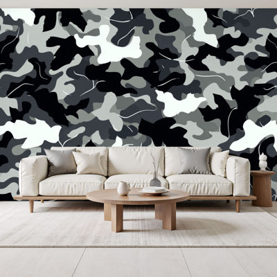Peel and Stick Wallpaper texture military camouflage black white hunting Wall Murals 69"H x 96"W Removable PVC Wall Paper Self-Adhesive Wall Paintings Art Decor for Bedroom Living Room