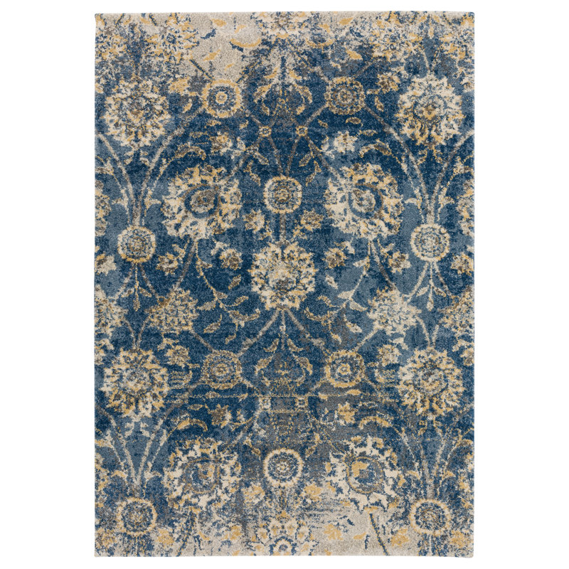 Tapis floral bleu / beige Mekhage, Rectangle 5 pi 1 po x 7 pi 5 po
