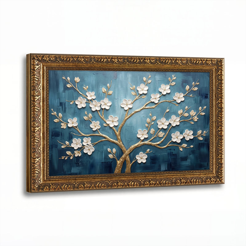 Art mural en toile noyer doré encadré pour salon, chambre à coucher, bureau ou vestibule - décoration murale décorative avec arbre floral