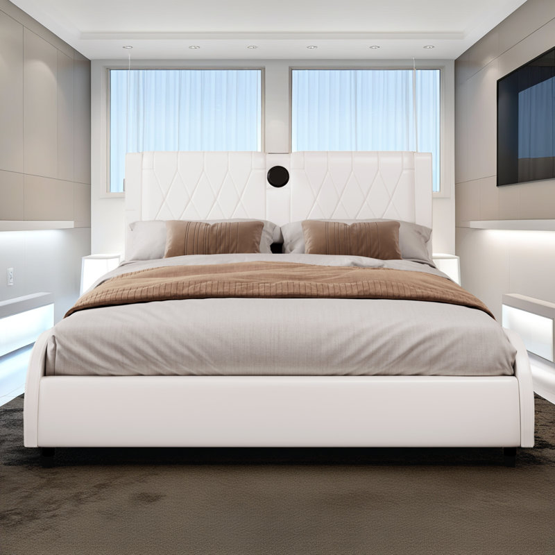 Lit intelligent avec haut-parleurs Bluetooth et lumières RVB - Lit plateforme en similicuir, tête de lit épaissie, aucun sommier nécessaire