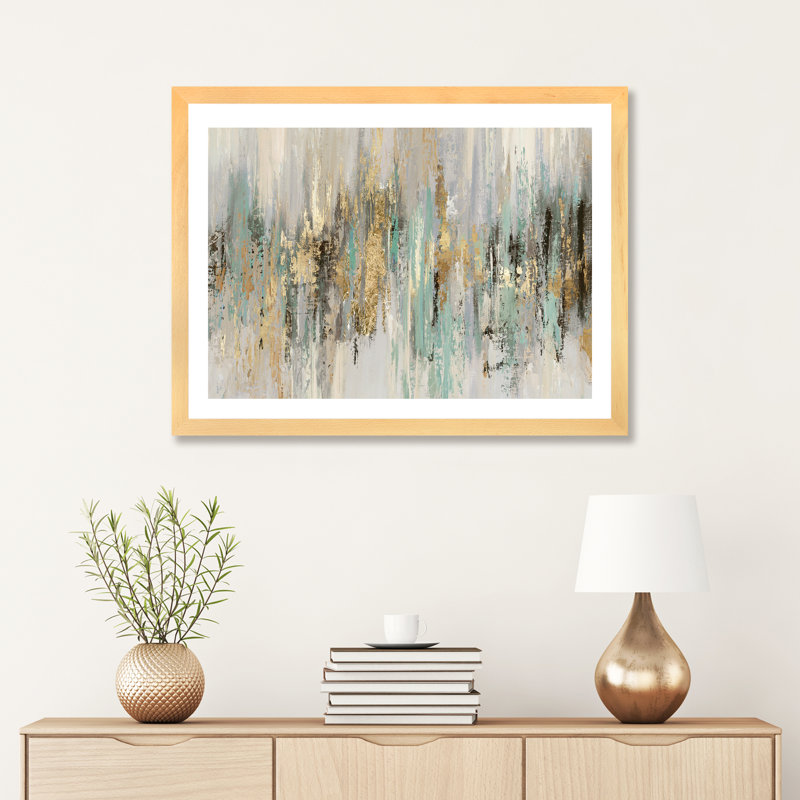 «Dripping Gold I» par Tom Reeves - reproduction imprimée, H 16 po x l 24 po, Papier dans un cadre photo, Bois beige