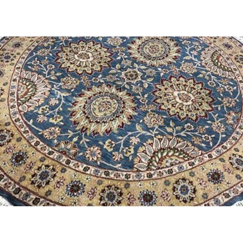 Hand-Knotted High-Quality Blue and Gold Round Area Rug