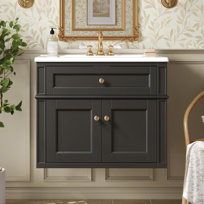 Meuble-lavabo mural moderne de 61 cm (24 po) avec tiroir basculant et charnières à fermeture amortie, meuble de salle de bain à ouverture arrière, 2 portes, meuble-lavabo avec lavabo simple en céramique
