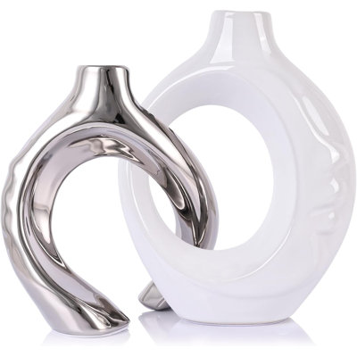 Ensemble de 2 vases beignets en céramique blanc et argent