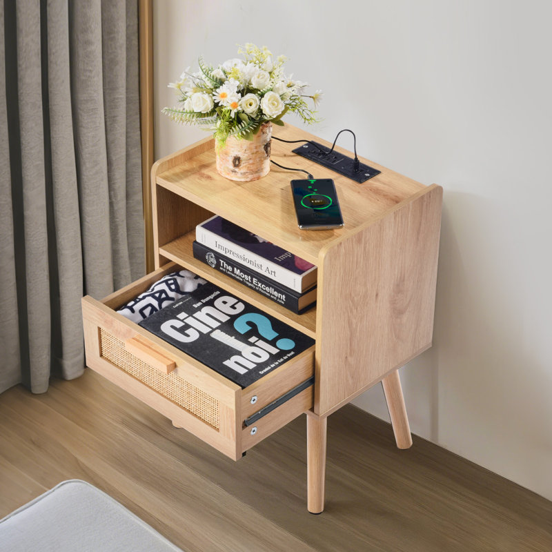 Rattan Nightstand End Table with Open Shelf Boho Bedside Table, 1 Drawer