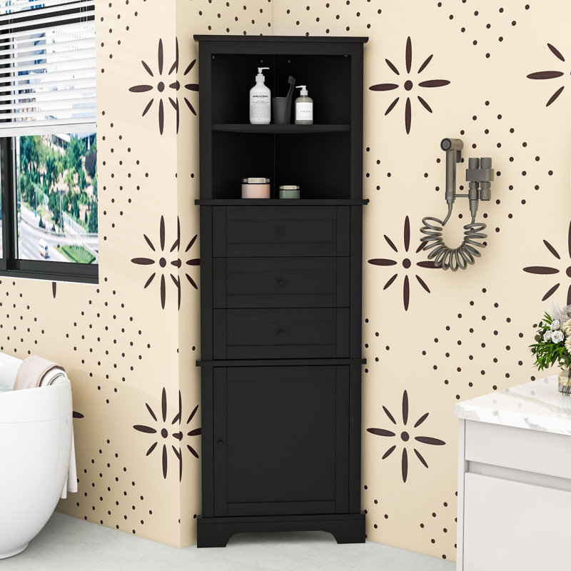 Tall Freestanding Bathroom Corner Cabinet with Adjustable Shelves, Doors and Triangle Drawers, Black