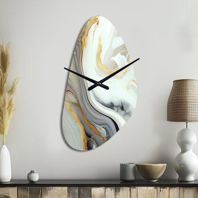 White And Gold Marble Abstract III - Fall Shape Large White Wall Clock - Unique Shape