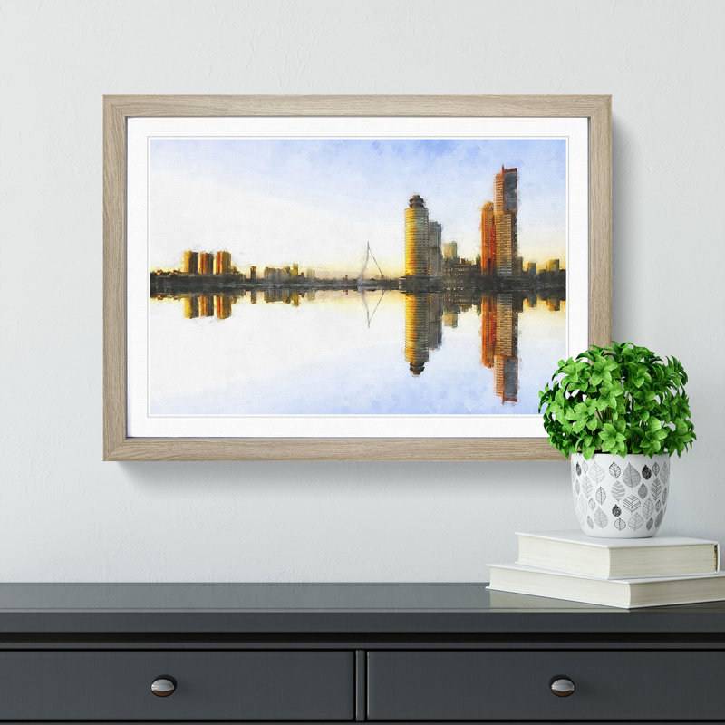 The Rotterdam Skyline Reflection - Single Picture Frame Painting on MDF, Oak Framed, 62cm H x 87cm W x 2cm D