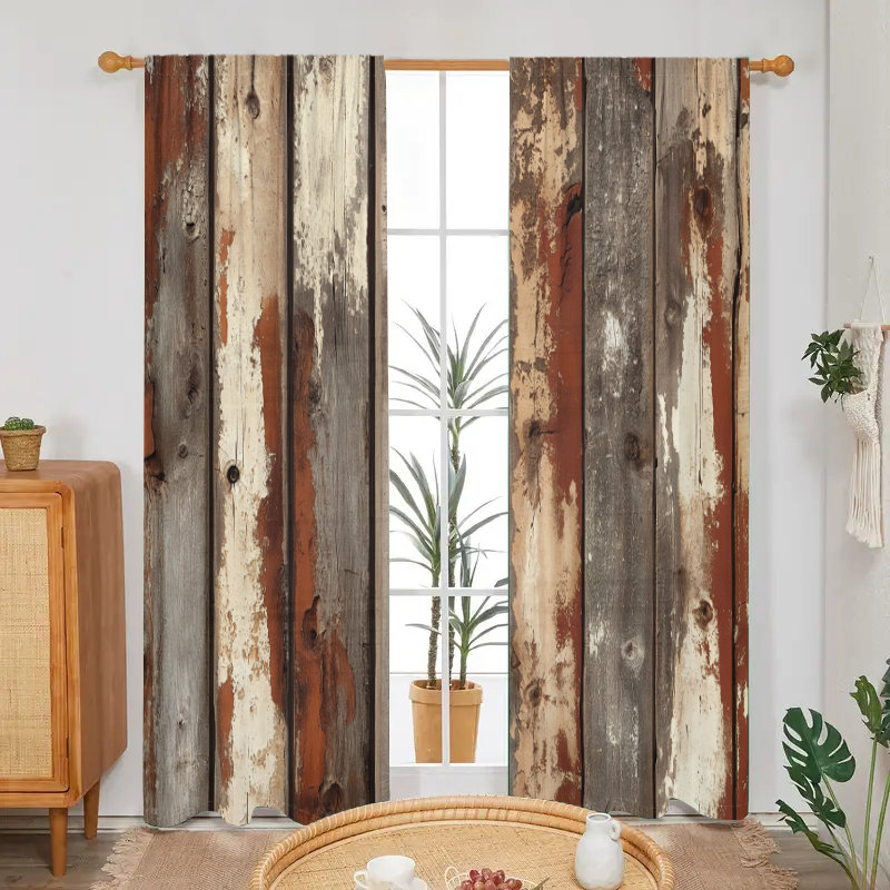 2Pcs Rustic Barn Wood Window Curtains Vintage Farmhouse Style Distressed Wooden Board Print Curtain Panels Light Filtering Drapes for Living Room Bedroom Kitchen Home Decor Rod Pocket Top