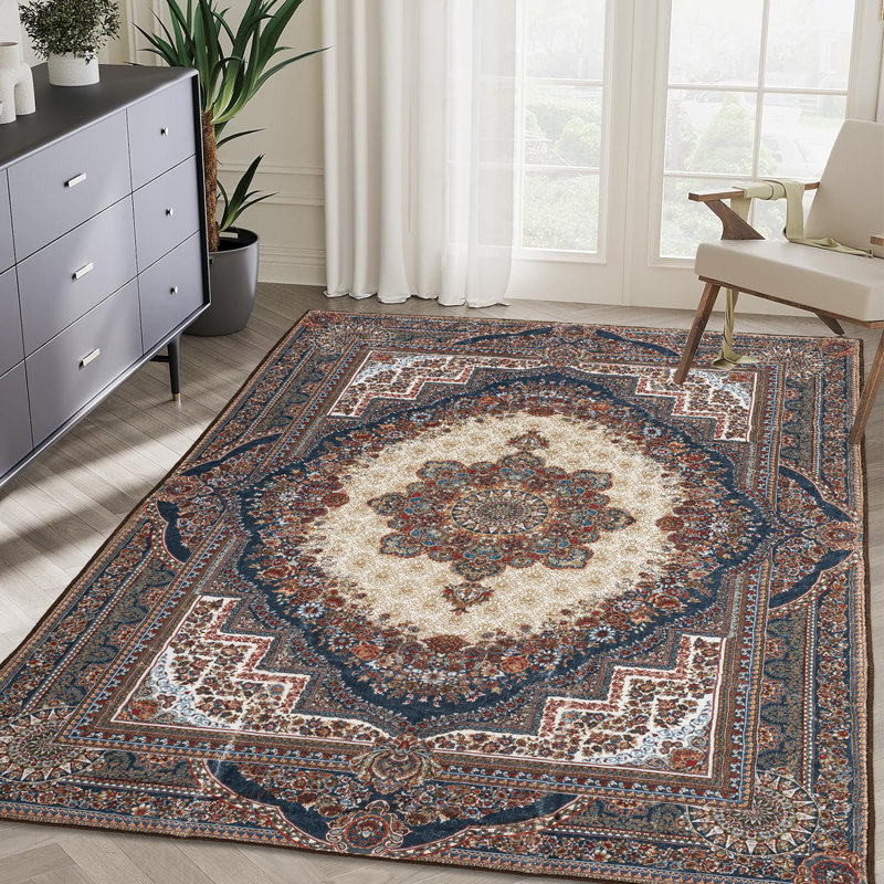 Area Rug 5X7 Vintage Bohemia Large Persian Non-Slip Washable Rug For Living Room Kitchen Bedroom Living Room Flower Design