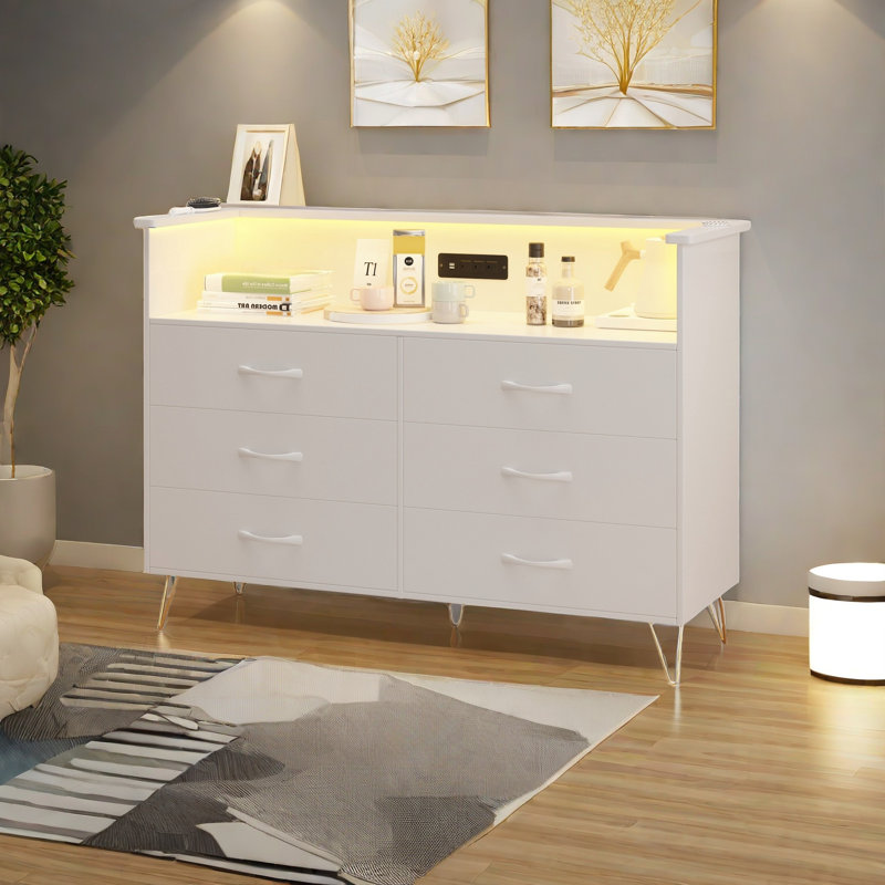 6 Drawer Dresser With Power Outlet & Led Light, Chest Of Double Wide Drawers, White