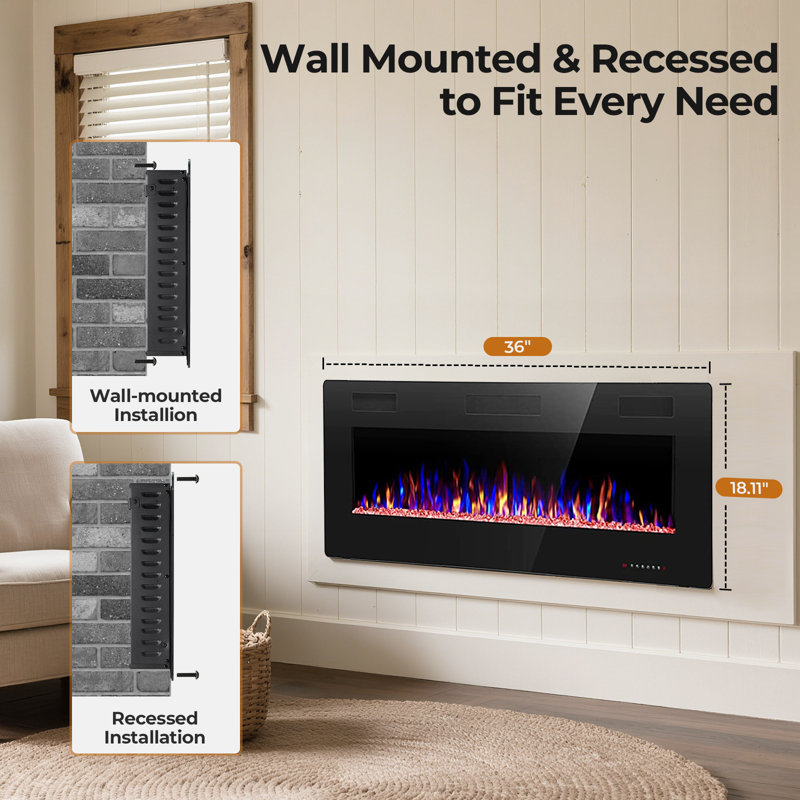 Wall-mounted/recessed Electric Fireplace, 750w/1500w Heater (5100 Btu, Heats 400 Sq Ft), 5 Speed/brightness, Remote & Touch Control, Silent (=40db), Etl Certified