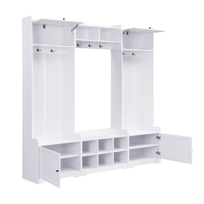 VIBE HAUS 79.1''Wide Modern Hall Tree With Shoe Storage, 4In1 Entryway Bench With 8 Cubbies, 7 Coat Hooks & Adjustable Shelf For Hallway, Living Room, White