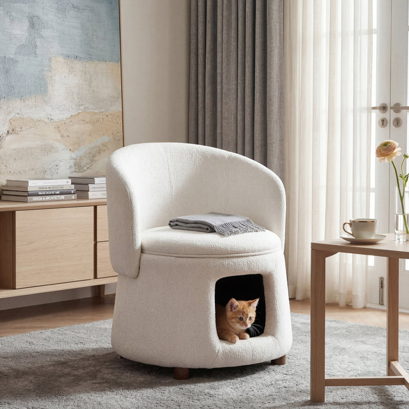 Fauteuil beige pour animaux avec coin caché pour animaux de compagnie, tabouret convertible, siège de rangement, capacité de 220 lb, pieds en bois d'acacia