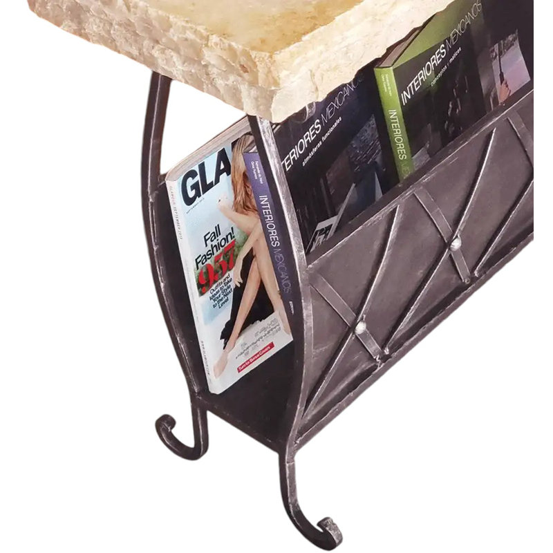 High End Wrought Iron Accent table with Cream Travertine top with Chisel Edge