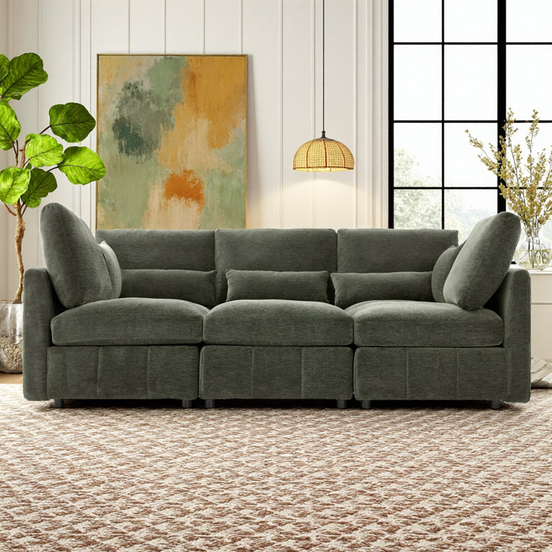 Black Chenille Modular Sectional Sofa with Movable Ottoman & USB Charger, Green