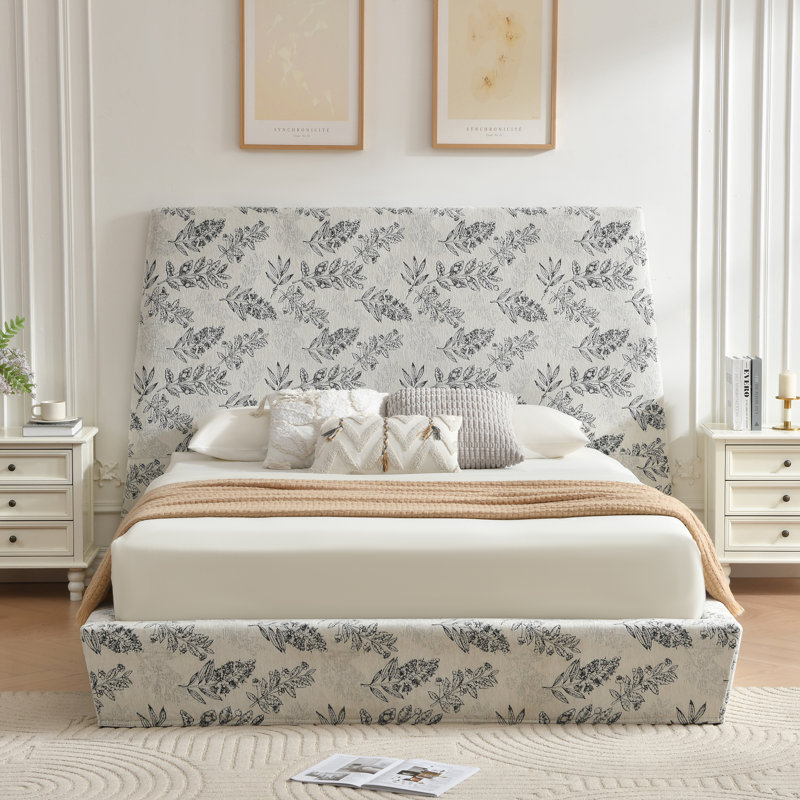 Gerhart  51.5" Luxlury Headboard Hydraulic Lift Up Storage Upholstered Platform Bed,Trapezoid,Chenille Floral,King, Queen 