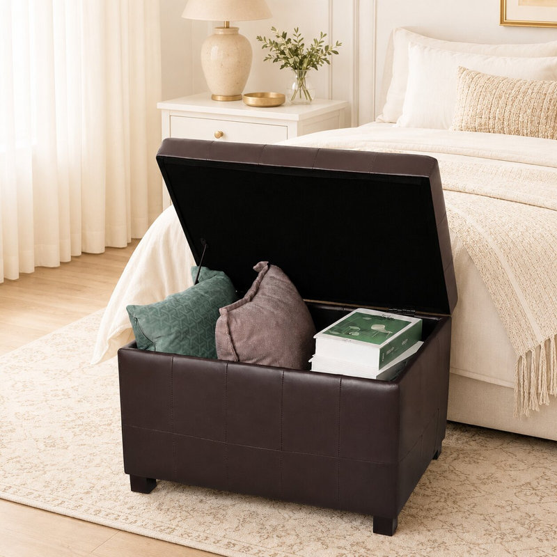 Repose-pieds de rangement 24 po avec couvercle à charnière en similicuir brun chocolat