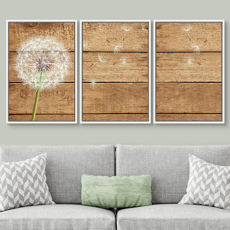 Windy White Summer Dandelion Flower - 3 pièces, reproduction sur toile, H 24 po x l 48 po x P 1,5 po, Cadre blanc