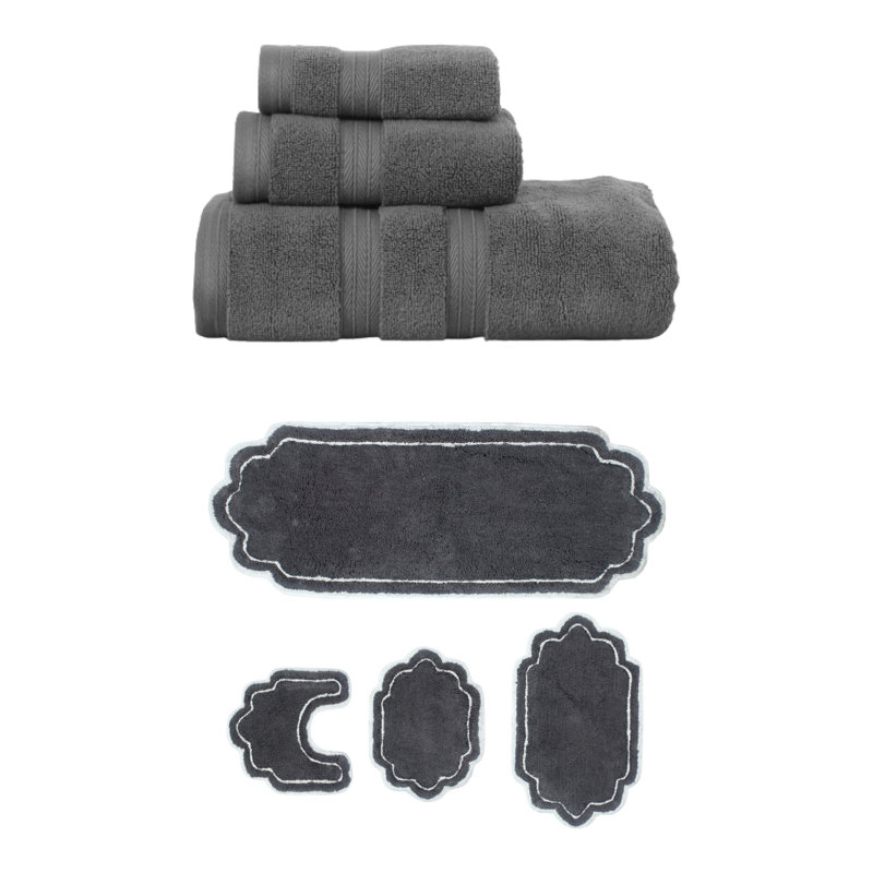 Talbert Collection 100% Soft Cotton 3 Pc Towel Set & 4 Pc Bath Rug Set, (Set of 7), Dark Gray