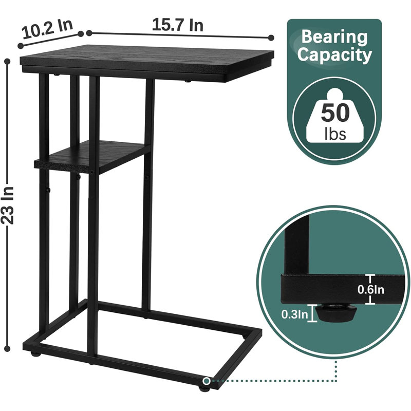 Black Metal and Wood C-Shaped End Table