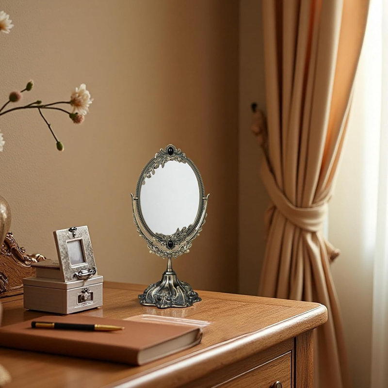 Petit miroir de maquillage rétro en métal avec miroir de maquillage ovale