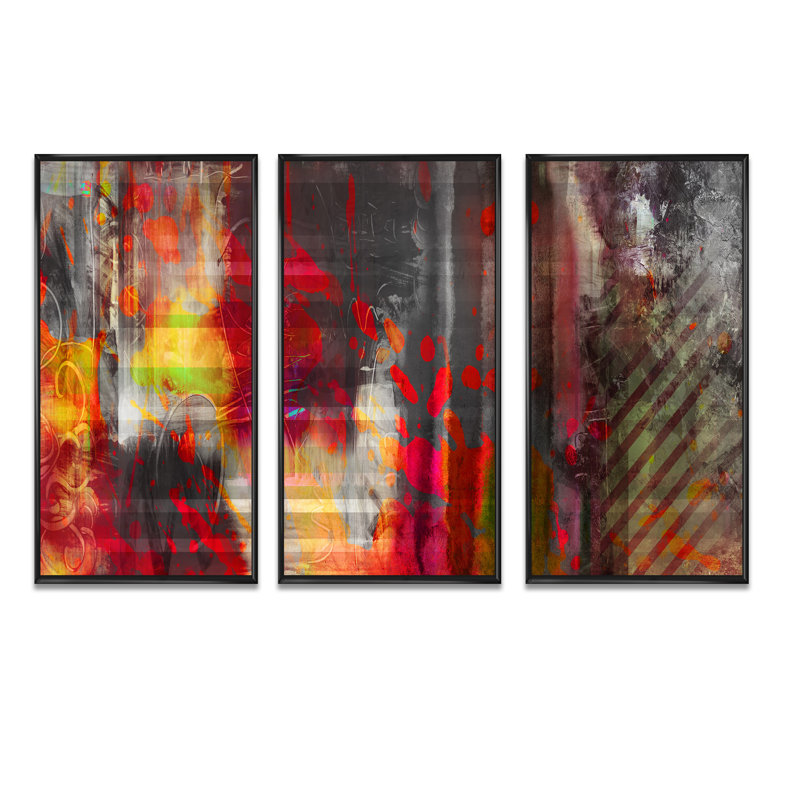 «Red Decorative Design», ensemble de 3 toiles abstraites encadrées, Noir, H 28 po x l 36 po