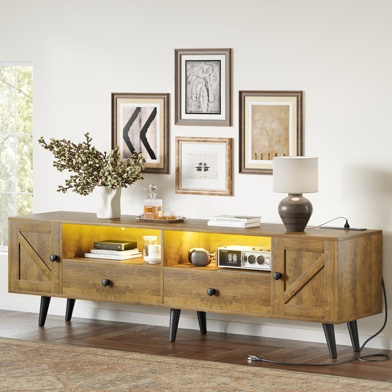 Torron LED Wood TV Stand with Power Outlets, Modern Entertainment Center for TVs, 70'' W, Rustic Oak