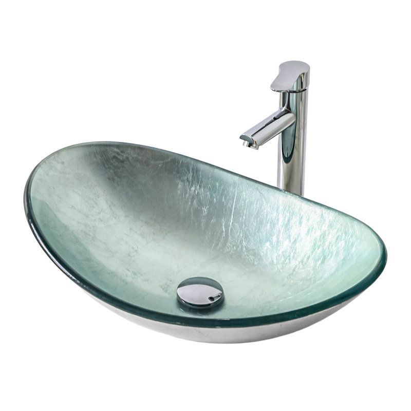 Lavabo de salle de bain en verre trempé argenté de haute qualité, bonde escamotable pour l'entretien facile, vasque en forme de bateau de 22,83 pouces de profondeur, débit d'eau régulier, installation au-dessus du comptoir,