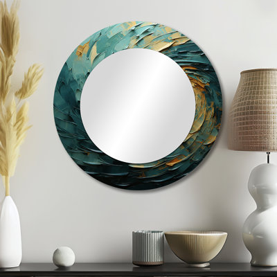 Majestic Motion Teal Spiral IV - miroir unique à spirales abstraites, grand miroir mural rond moderne, impression d'art en métal