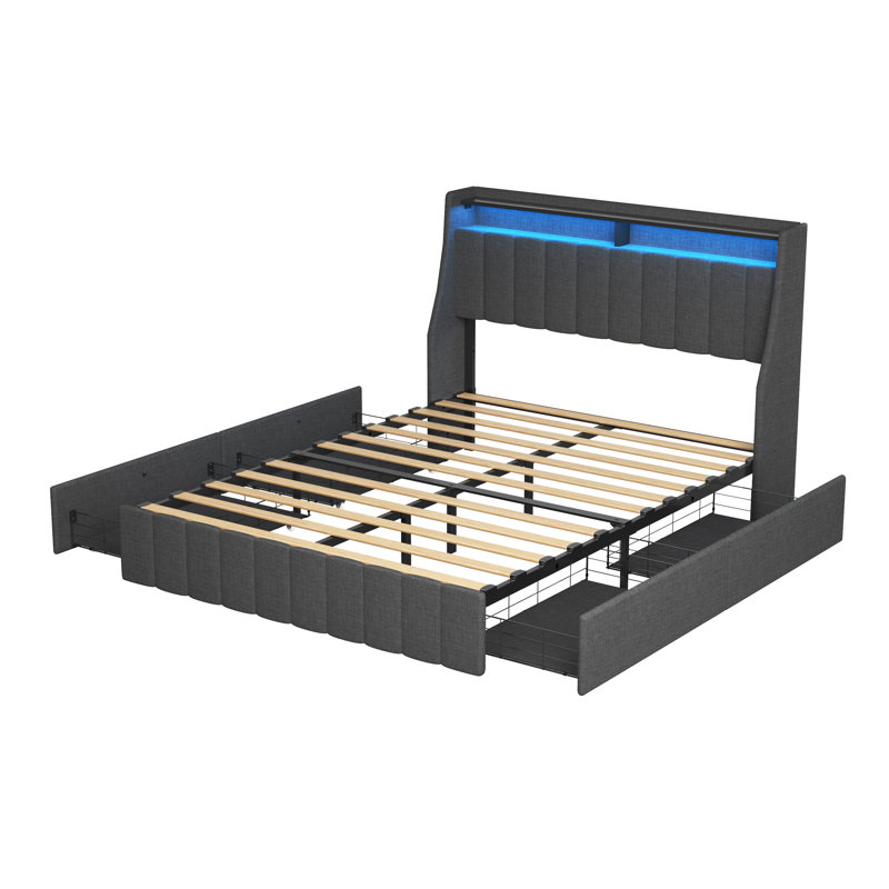 Structure de lit grand format avec tête de lit à DEL RVB, 4 tiroirs de rangement sous le lit et tablettes de chargement - Lit plateforme en lin gris foncé
