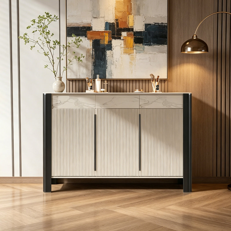 Buffet de rangement réglable de style italien, Beige/Black, 43.31" H x 47.24" W x 13.78" D