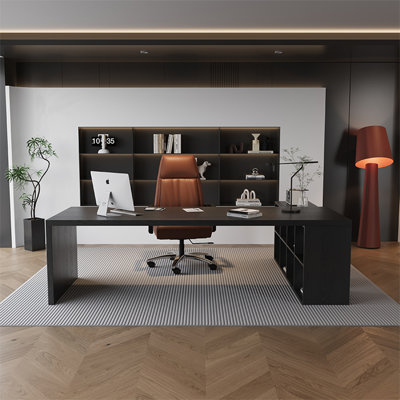 Bureau de direction en bois massif noir en L