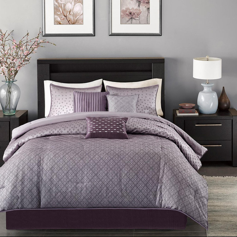 Ensemble d'édredon en polyester jacquard 7 pièces, Édredon de très grande taille et 6 pièces suppl, Mauve