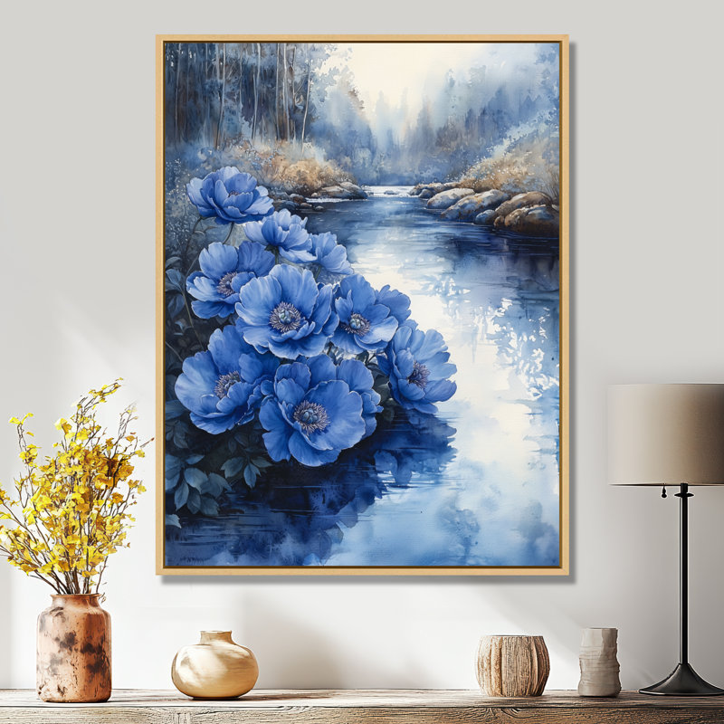 Bleuet sur fond bleu - Pivoines, H 20 po x l 12 po, Reproduction avec cadre flottant, Crème, crème