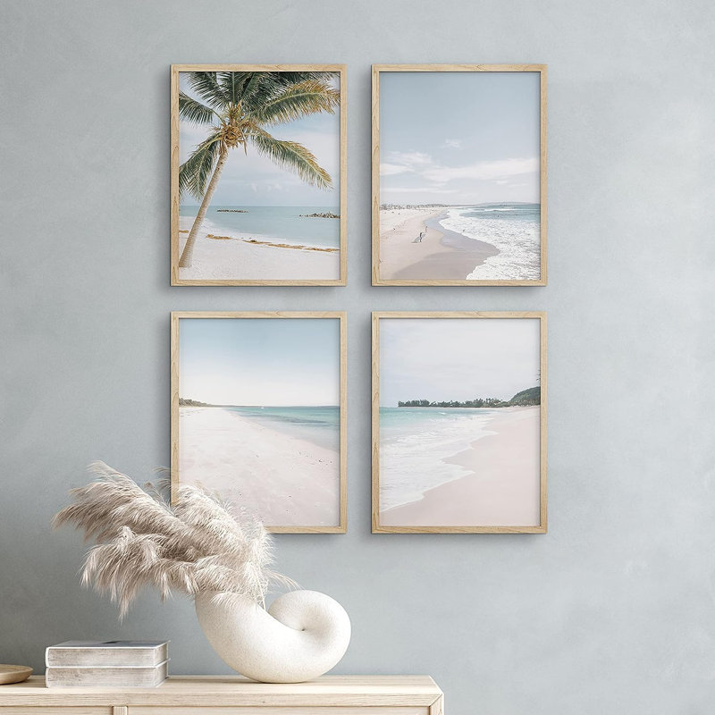 «Beach Shore Tropical Palm Tree Island», reproduction encadrée de 4 pièces, H 14 po x l 11 po x P 1 po, Encadré naturel