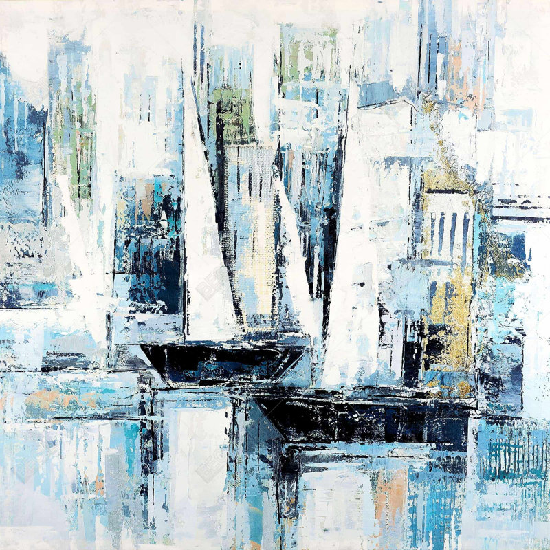 Bateaux de style industriel - Toile bleue encadrée, H 37,25 po x l 37,25 po