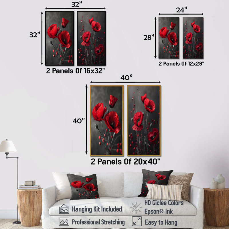 Délicat coquelicots rouges monochromes photo I - ensemble de 2 coquelicots, H 32 po x l 32 po, Ne s’applique pas