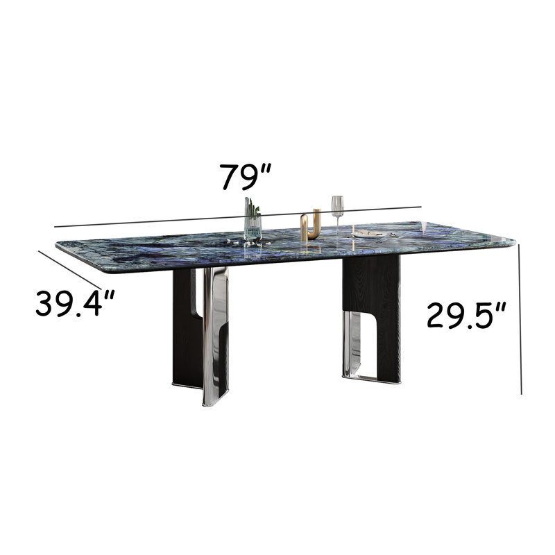 79" Luxury Blue Faux Marble Modern Rectangular Dining Table for 6,Stainless Steel Base