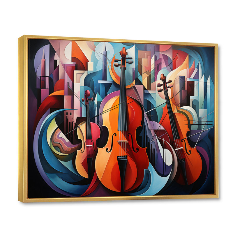 Cubism Music Forms IV - Cubism Canvas Wall Art, H 34 po x l 44 po, Cadre flottant doré