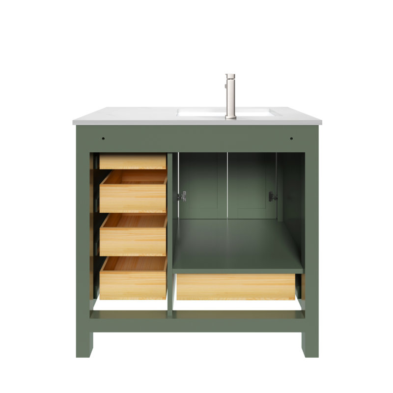 Meuble-lavabo autoportant 36 po Anvay en vert forêt avec comptoir en quartz de Carrare, Quartz - blanc de Carrare, Vert forêt