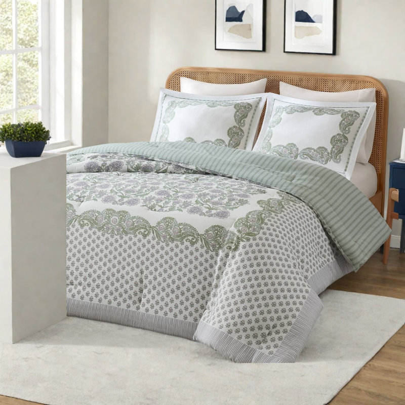 Bedding Sets Full Comforter, Cotton Rich Sage Floral Reversible