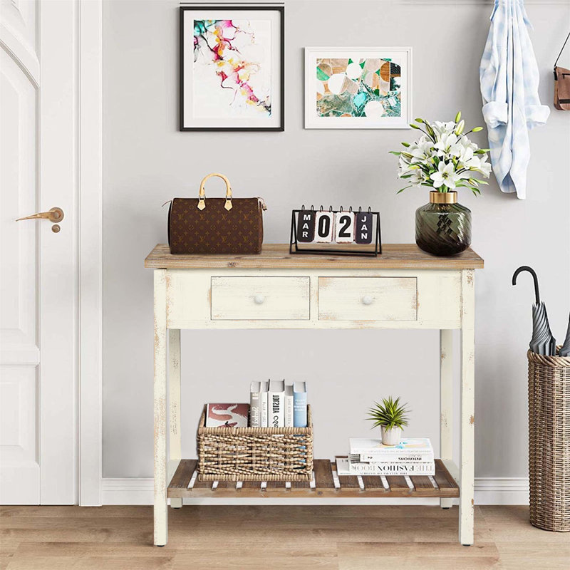 Console rétro à deux tiroirs avec tablette ouverte, finition vieillie pour le vestibule et le salon