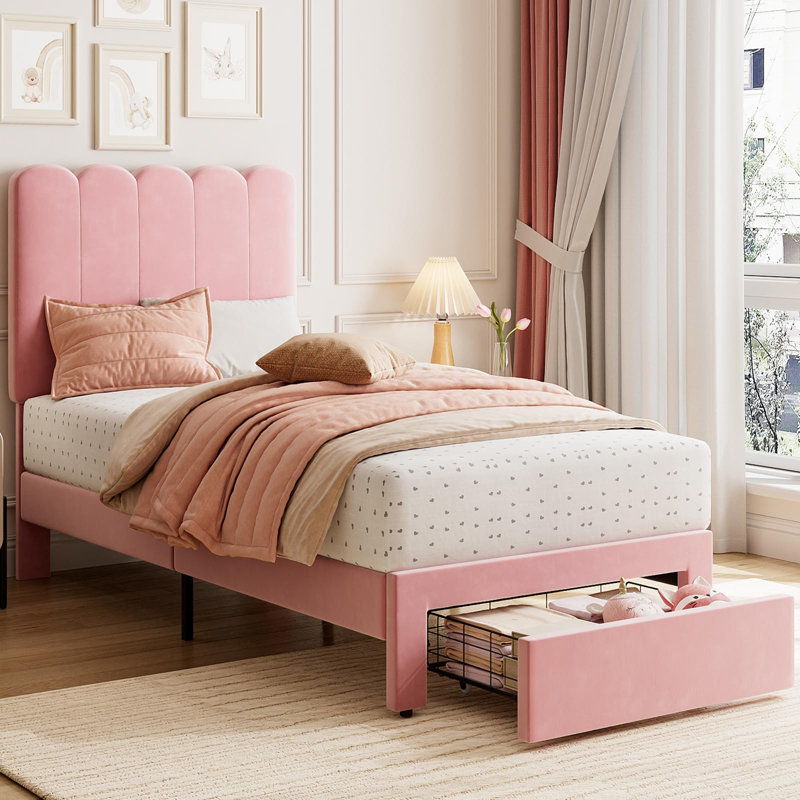 Structure de lit simple avec tiroir sous le lit, lit plateforme tapissier en velours, Rose