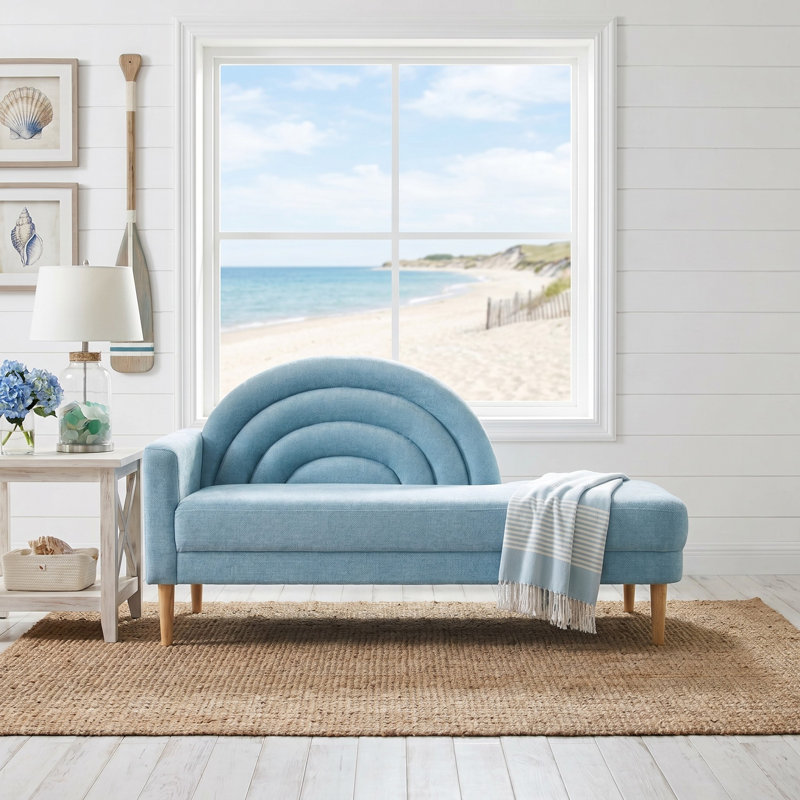 Rainbow-Inspired Linen Upholstered Chaise Lounge with Curved Backrest, Light Blue
